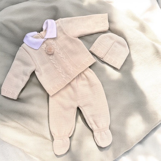 Knitted 3-Piece Baby Set – Beige (0–3 Months)
